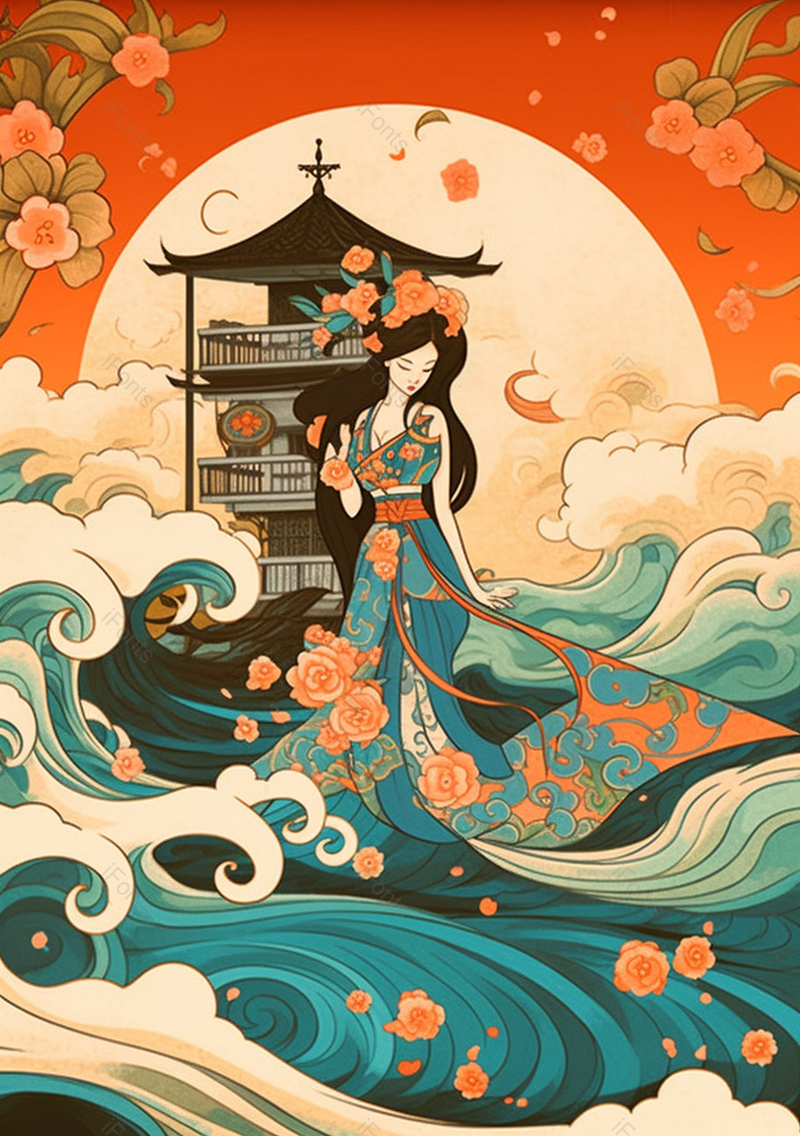 中国风国潮美女和楼阁手绘插画,插画/手绘图,插画/手绘图库,插画/手绘图下载,插画/手绘